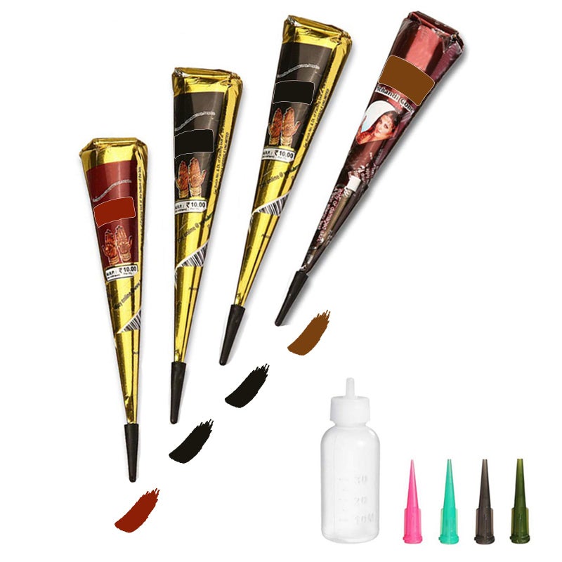 wumawu Temporary Tattoos Kit, 4Pcs Semi Permanent Tattoo Paste Cones, India Body DIY Art Painting for Women Men teens, Summer Trend Hand Plaste with 3 Colors(1Pc Bottle,4Pcs Nozzles)20Pcs Adhesive Stencil - Image 1